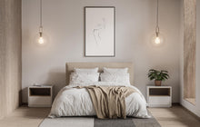 Load image into Gallery viewer, Bedroom photograph showing an simple line artwork centred over the bed.
