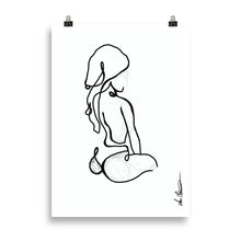 Load image into Gallery viewer, Line art style print artwork with a black line illustrating a seated woman with towel on her head.