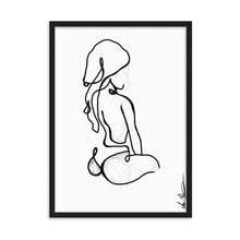 Load image into Gallery viewer, Line art style print artwork with a black line illustrating a seated woman with towel on her head.