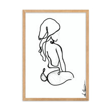 Load image into Gallery viewer, Line art style print artwork with a black line illustrating a seated woman with towel on her head.