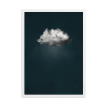 Load image into Gallery viewer, Dark petrol blue coloured art print featuring a single white and grey storm cloud.