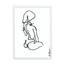 Load image into Gallery viewer, Line art style print artwork with a black line illustrating a seated woman with towel on her head.