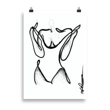 Load image into Gallery viewer, Line art style print artwork with a black line illustrating a woman undressing.