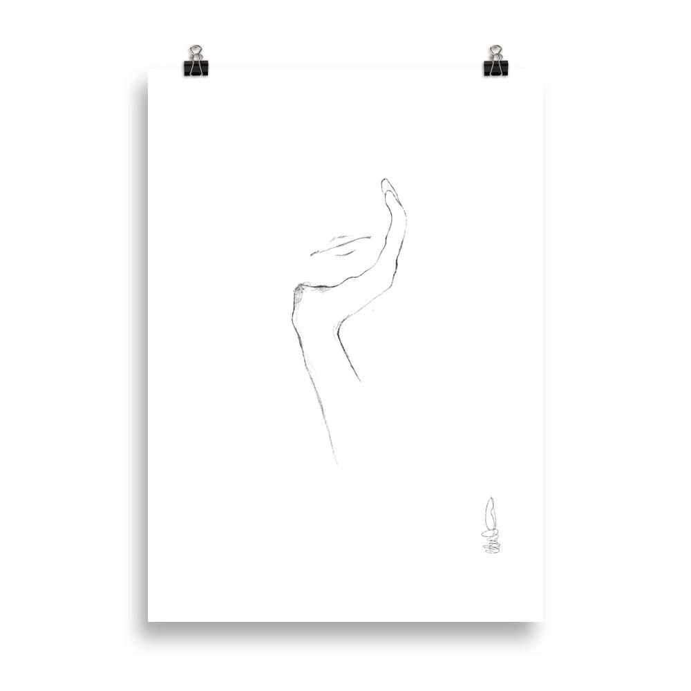Line art style print artwork with a black line illustrating a womans hand and mouth. 