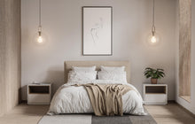 Load image into Gallery viewer, Bedroom photograph showing an simple line artwork centred over the bed.
