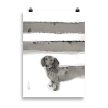 Load image into Gallery viewer, A dachshund dog artwork print with an extra long body that wraps around the print
