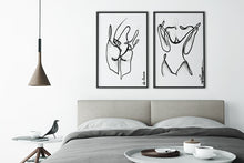 Load image into Gallery viewer, Line art style print artworks above a bed in a bedroom setting.
