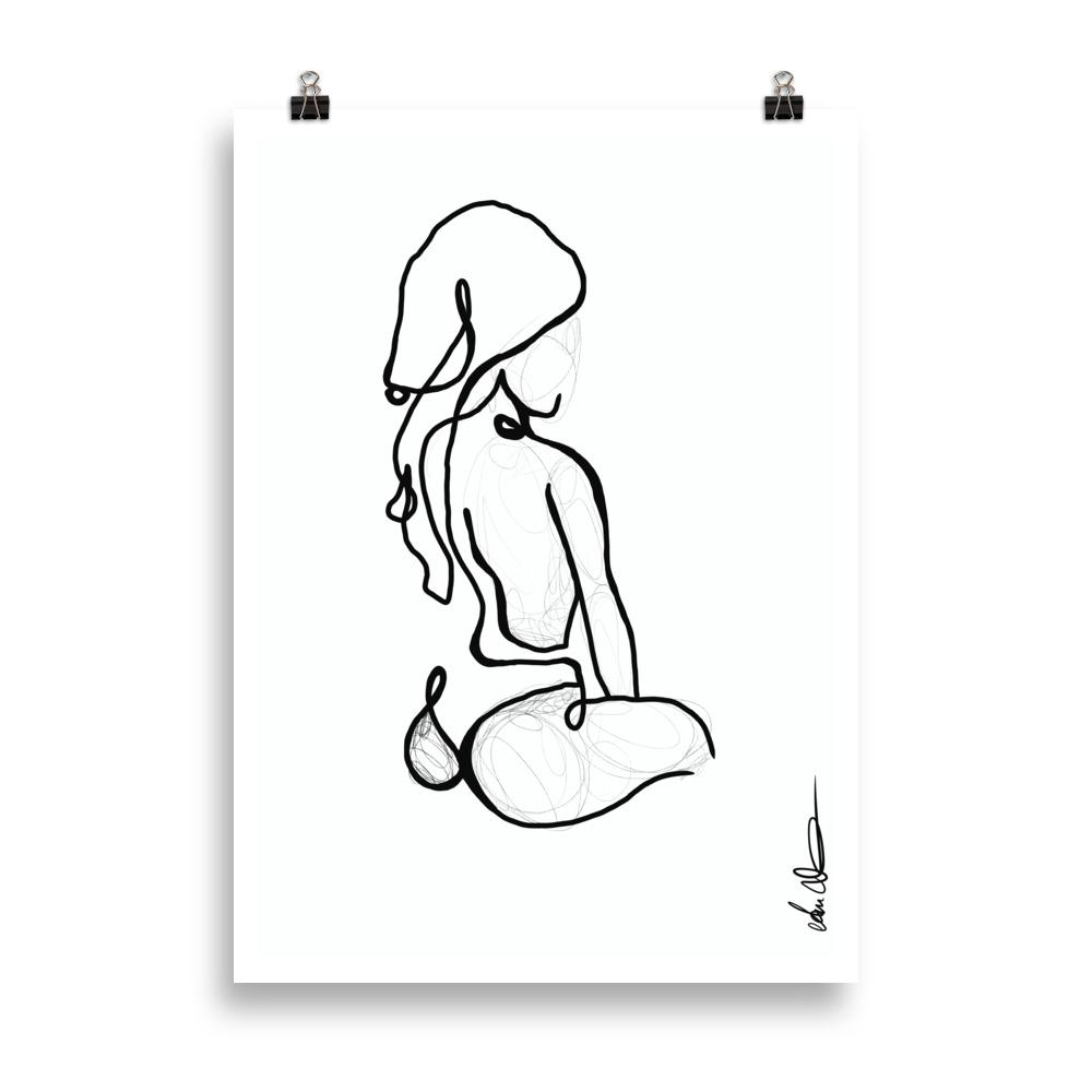 Line art style print artwork with a black line illustrating a seated woman with towel on her head.