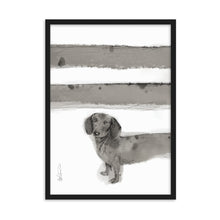 Load image into Gallery viewer, A dachshund dog artwork print with an extra long body that wraps around the print. 
