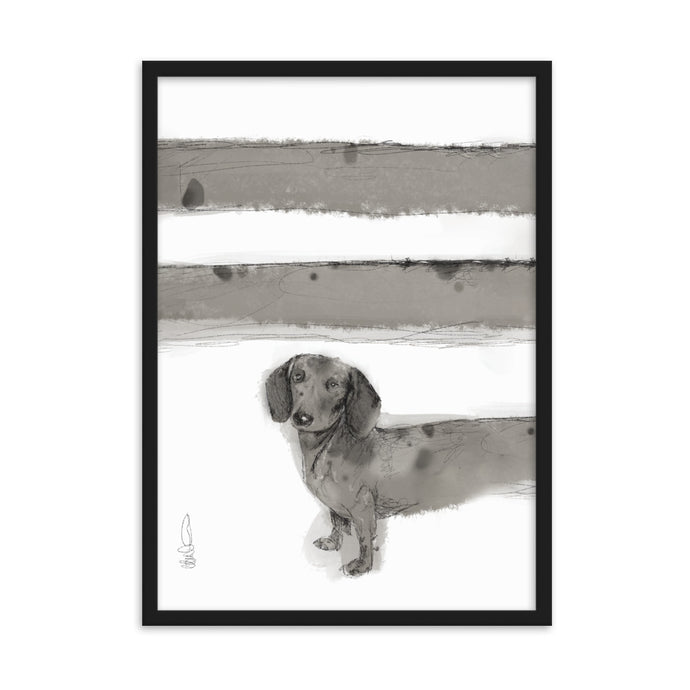 A dachshund dog artwork print with an extra long body that wraps around the print. 