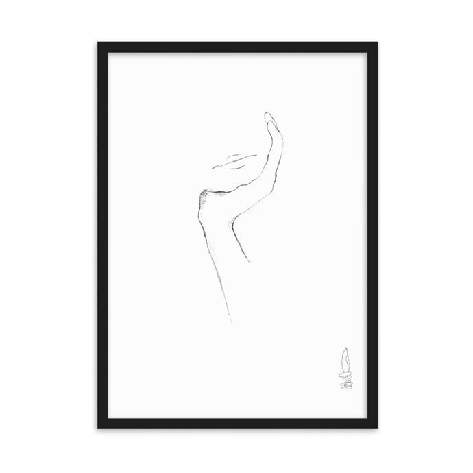 Line art style print artwork with a black line illustrating a womans hand and mouth. 