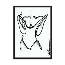 Load image into Gallery viewer, Line art style print artwork with a black line illustrating a woman undressing. 
