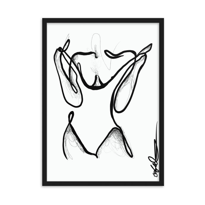 Line art style print artwork with a black line illustrating a woman undressing. 