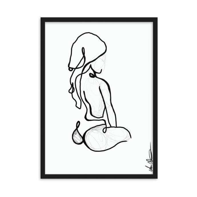 Line art style print artwork with a black line illustrating a seated woman with towel on her head.