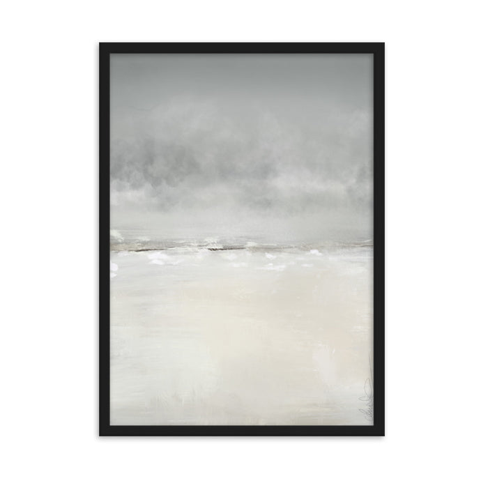 Ocean artwork print with grey and white waves crashing on the shore with storm clouds.