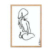 Load image into Gallery viewer, Line art style print artwork with a black line illustrating a seated woman with towel on her head.
