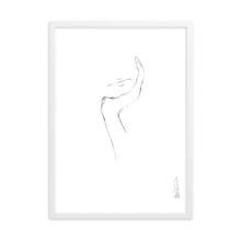 Load image into Gallery viewer, Line art style print artwork with a black line illustrating a womans hand and mouth. 
