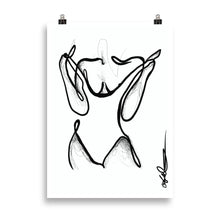 Load image into Gallery viewer, Line art style print artwork with a black line illustrating a woman undressing.
